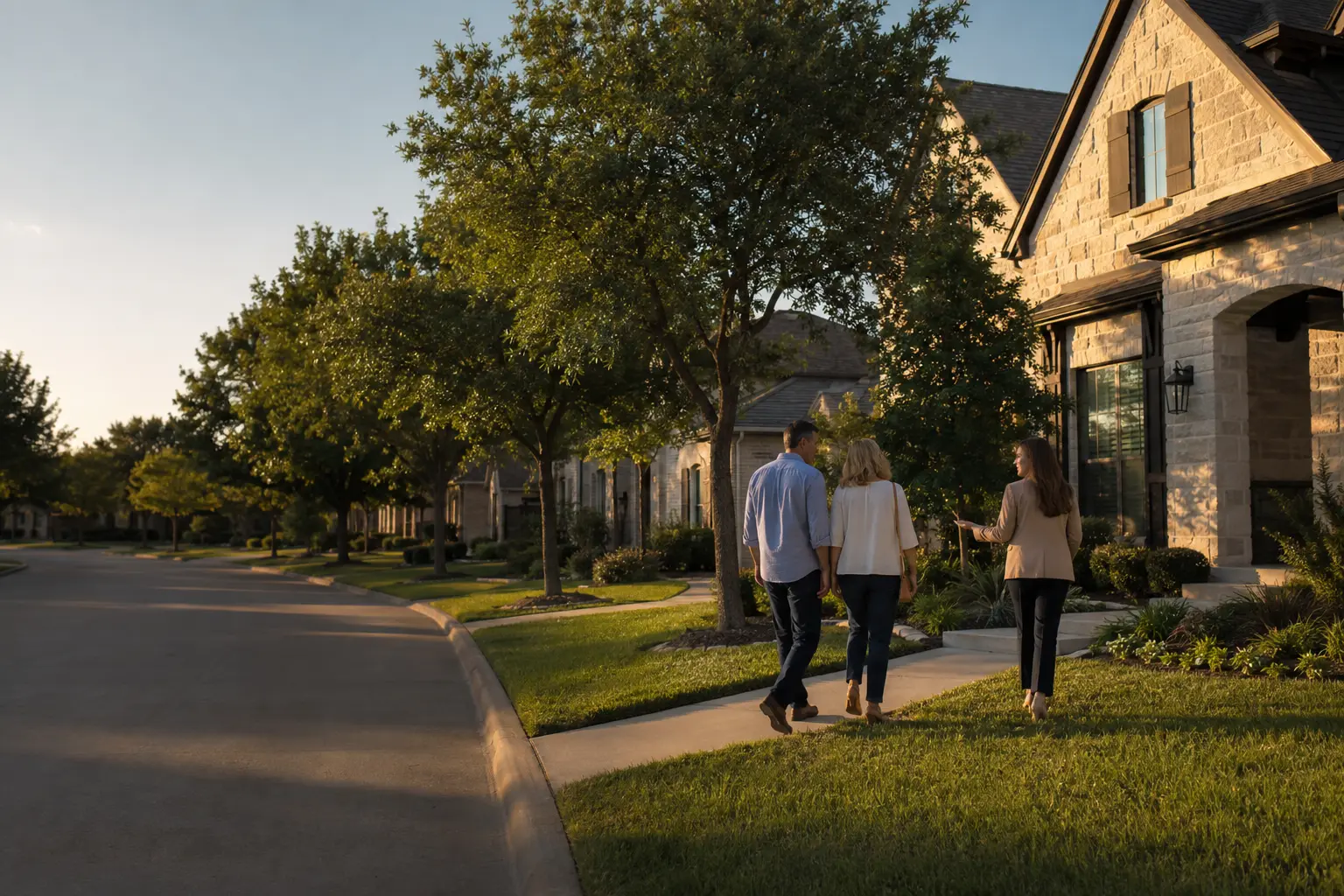 McKinney homebuyers walking through a North Texas neighborhood with their buyer's agent