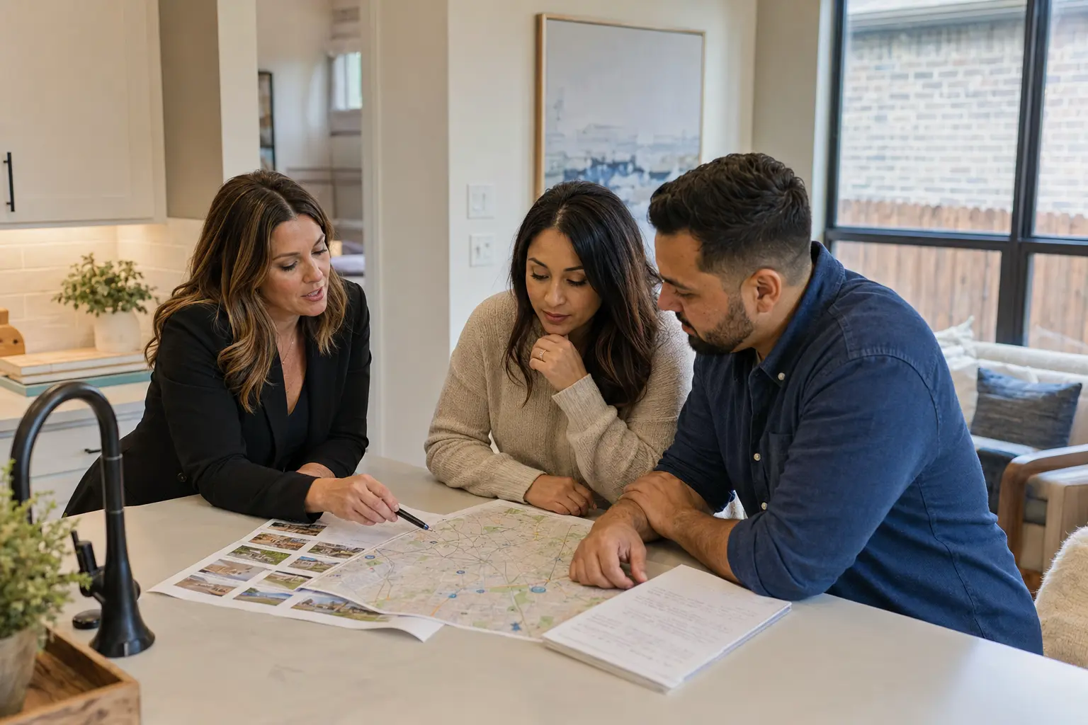 McKinney homebuyers reviewing a property comparison with their buyer's agent